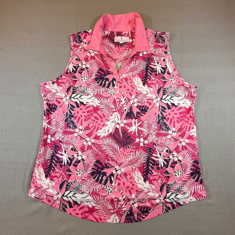 Sport Haley Women XL Sleeveless Golf Polo Pink Tropical Floral Monstera Top 2335